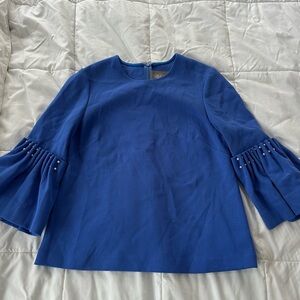 Lela Rose Blue Boxy Blouse with Bell Sleeves